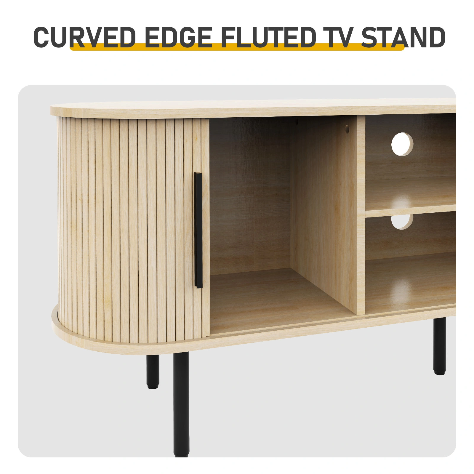Oak Color Embossed Particle Board TV Stand, Oval Tabletop 147×35×58cm, Modern Entertainment Center with Sliding Grid Doors, Media Console Cabinet for Living Room Home Decor view 9