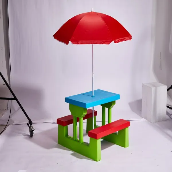 Kids Outdoor Table and Chair Sets with Removable Umbrella, Kids Picnic Table for Backyard Garden Patio, Red & Blue & Green view 2