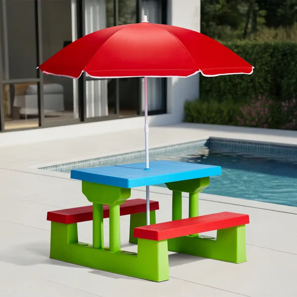 Kids Outdoor Table and Chair Sets with Removable Umbrella, Kids Picnic Table for Backyard Garden Patio, Red & Blue & Green view 5
