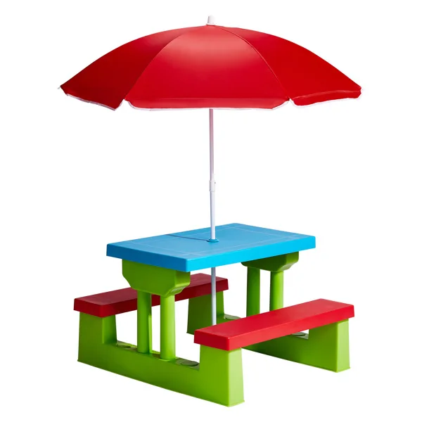 Kids Outdoor Table and Chair Sets with Removable Umbrella, Kids Picnic Table for Backyard Garden Patio, Red & Blue & Green