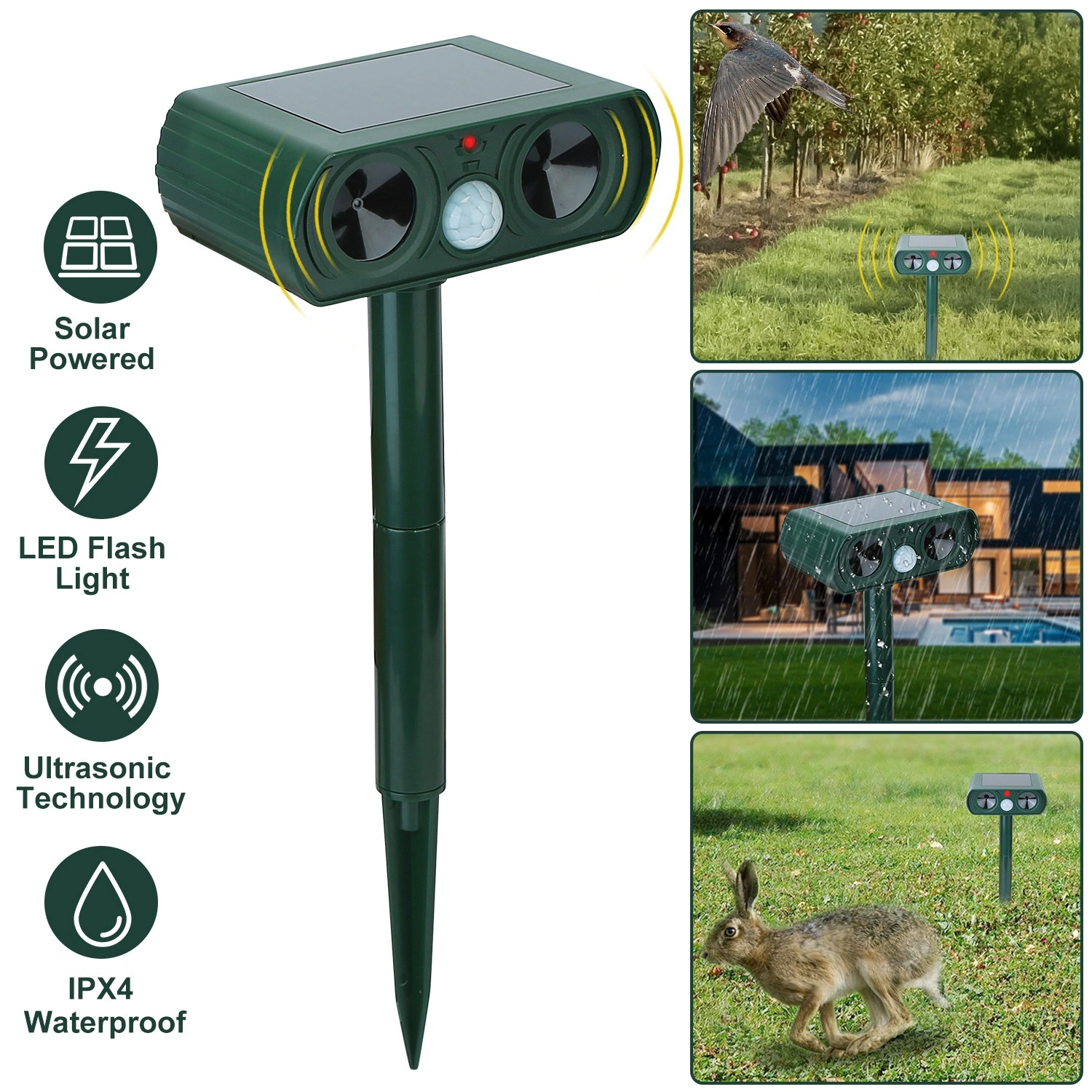 Ultrasonic Animal Repeller Solar Powered Motion Sensor Repellent IPX4 Waterproof Outdoor For Farm Garden Yard Repelling Deer Raccoon Cat Dog Rabbit Squirrel Bird view 2
