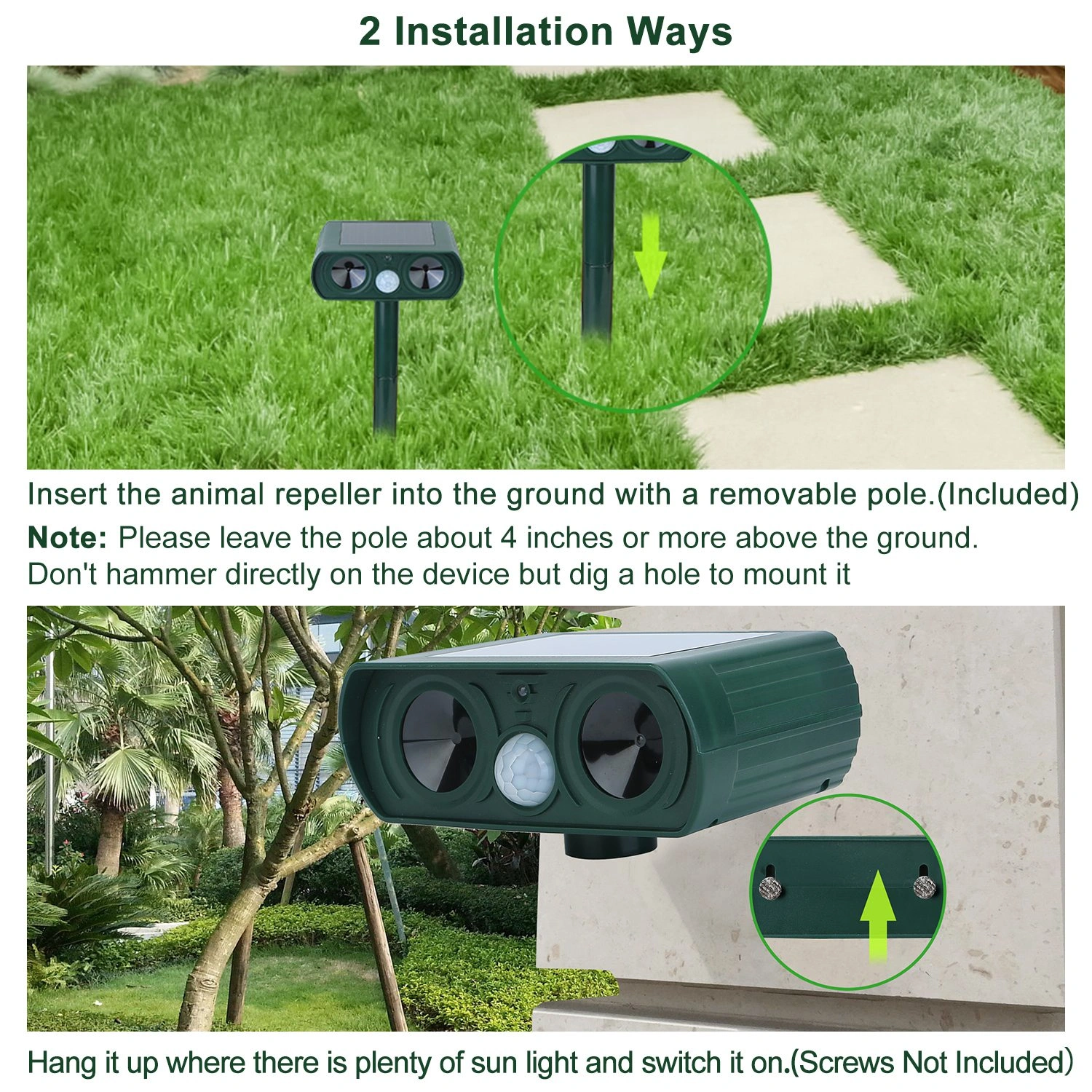 Ultrasonic Animal Repeller Solar Powered Motion Sensor Repellent IPX4 Waterproof Outdoor For Farm Garden Yard Repelling Deer Raccoon Cat Dog Rabbit Squirrel Bird view 3