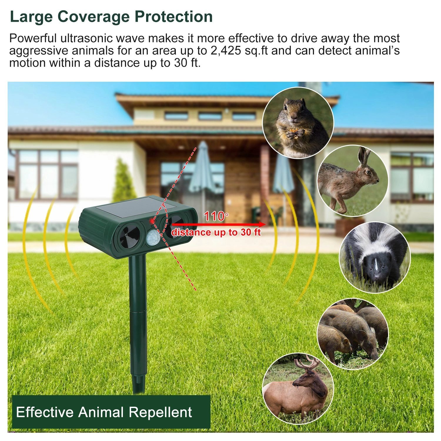 Ultrasonic Animal Repeller Solar Powered Motion Sensor Repellent IPX4 Waterproof Outdoor For Farm Garden Yard Repelling Deer Raccoon Cat Dog Rabbit Squirrel Bird view 6