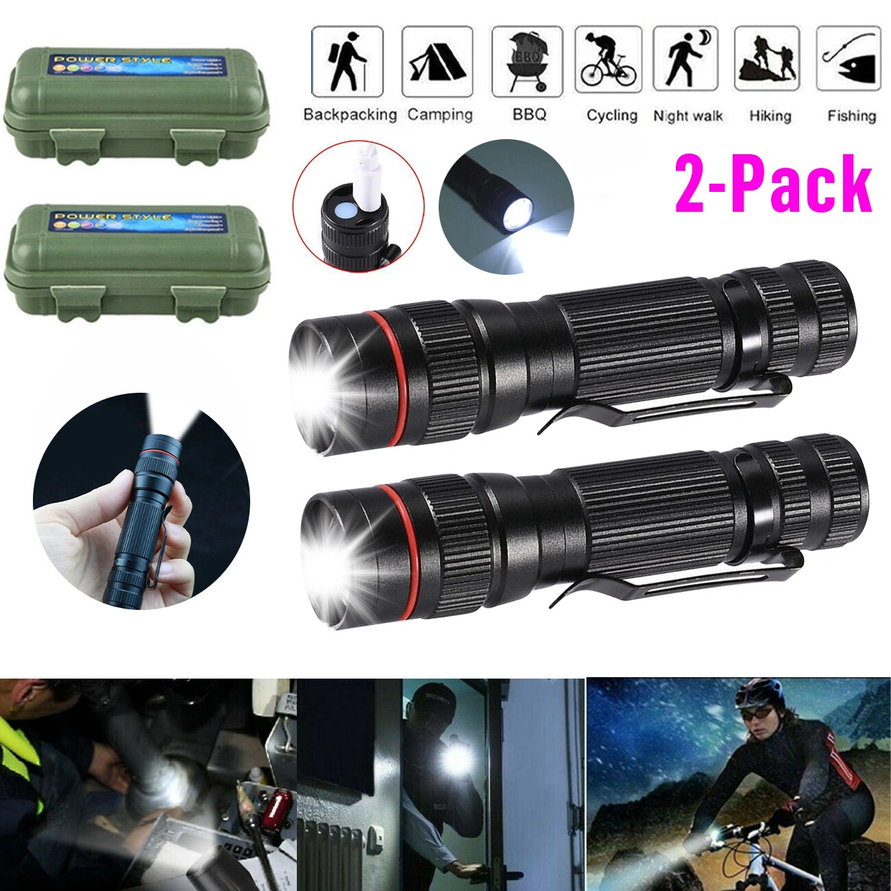 2 Pack USB Rechargeable LED Flashlight Adjustable Focus 3-Modes Outdoor Mini Flashlight W/ USB Cable+Mini Box US Logistics For USPS/DHL/Fedex/UPS. No designated logistics accepted,TK/TMEU only For self-pickup