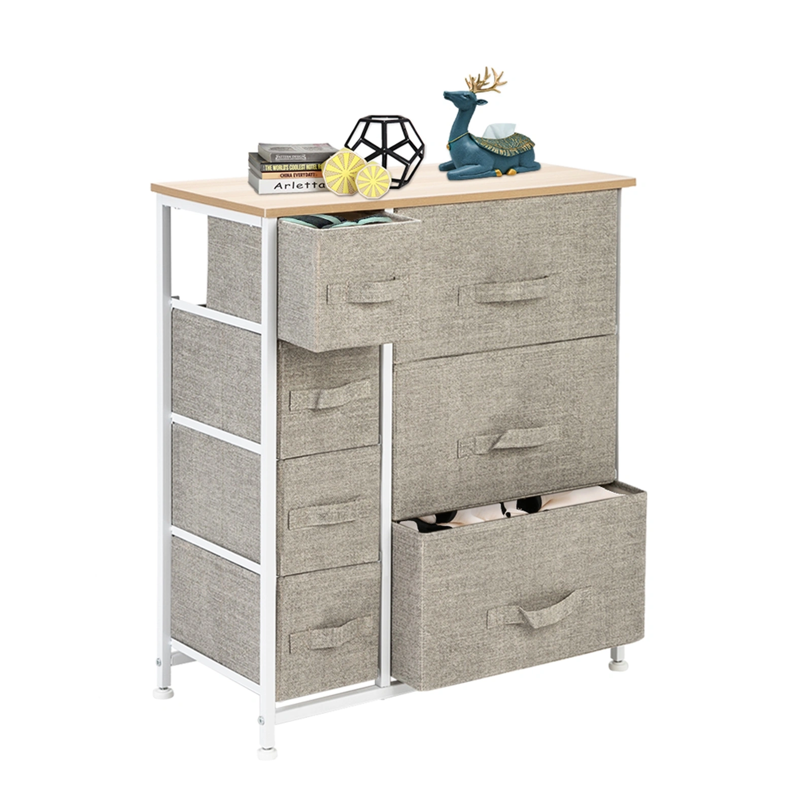 7-Drawer Storage Tower Dresser, Furniture Organizer Unit with Steel Frame & Wood Top, Easy Pull Fabric Bins for Bedroom, Hallway, Closet, Office, Linen/Natural view 3