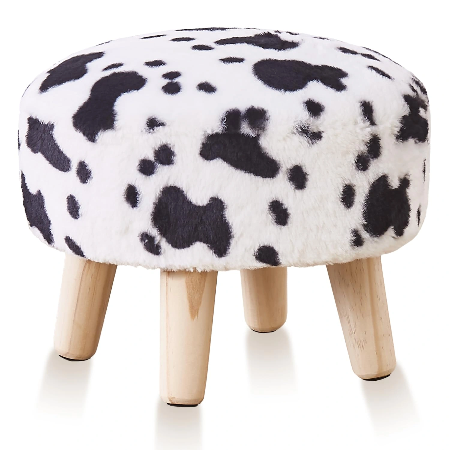 Round Mushroom Footstool Ottoman - Rabbit Wool Upholstered Small Stool with Solid Wood Legs, Cute Shoe Changing Stool, Step Stool, Sofa Footrest for Living Room & Bedroom, Cow Print