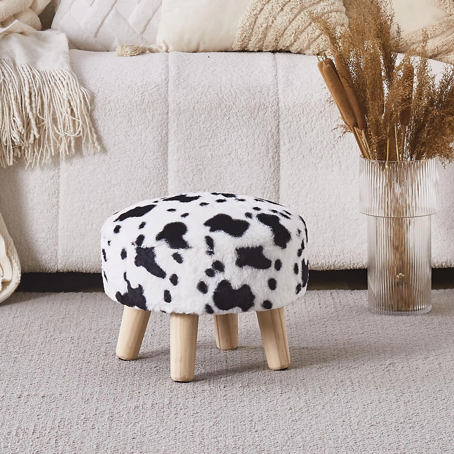 Round Mushroom Footstool Ottoman - Rabbit Wool Upholstered Small Stool with Solid Wood Legs, Cute Shoe Changing Stool, Step Stool, Sofa Footrest for Living Room & Bedroom, Cow Print view 2