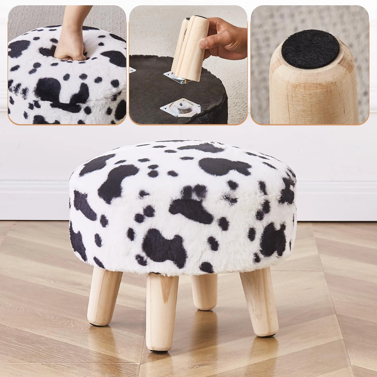 Round Mushroom Footstool Ottoman - Rabbit Wool Upholstered Small Stool with Solid Wood Legs, Cute Shoe Changing Stool, Step Stool, Sofa Footrest for Living Room & Bedroom, Cow Print view 5