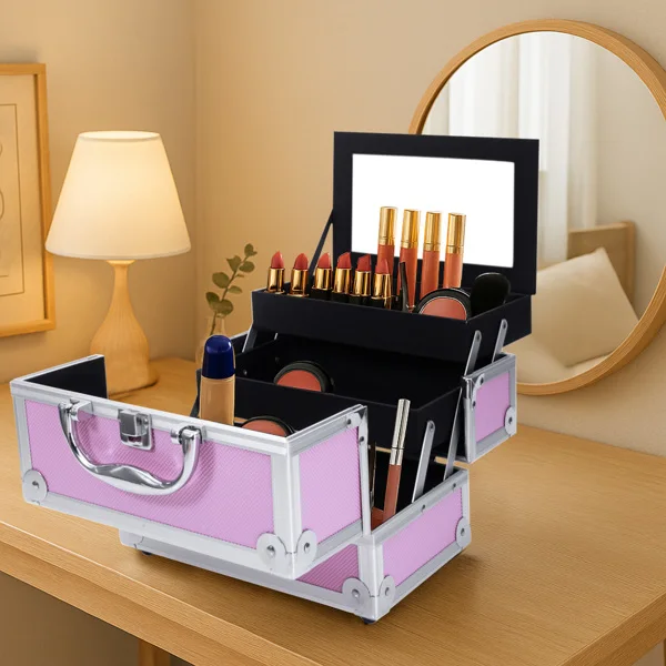 SM-2176 Aluminum Makeup Train Case Jewelry Box Cosmetic Organizer with Mirror 9"x6"x6" Pink view 2