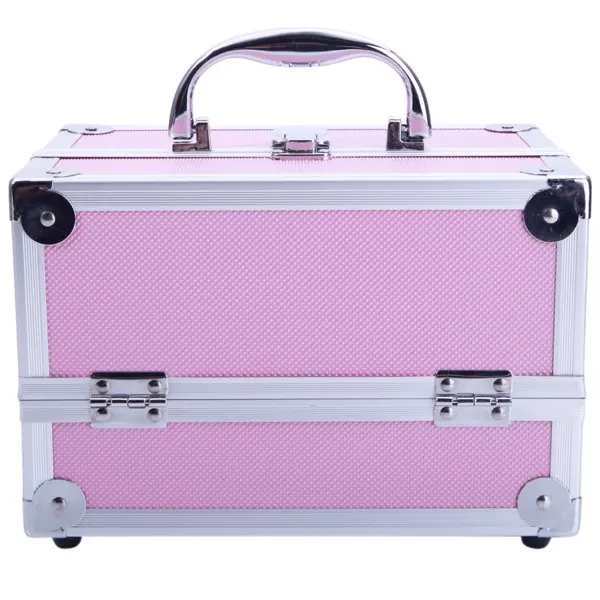 SM-2176 Aluminum Makeup Train Case Jewelry Box Cosmetic Organizer with Mirror 9"x6"x6" Pink view 5