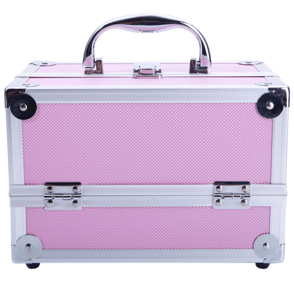 SM-2176 Aluminum Makeup Train Case Jewelry Box Cosmetic Organizer with Mirror 9"x6"x6" Pink view 5