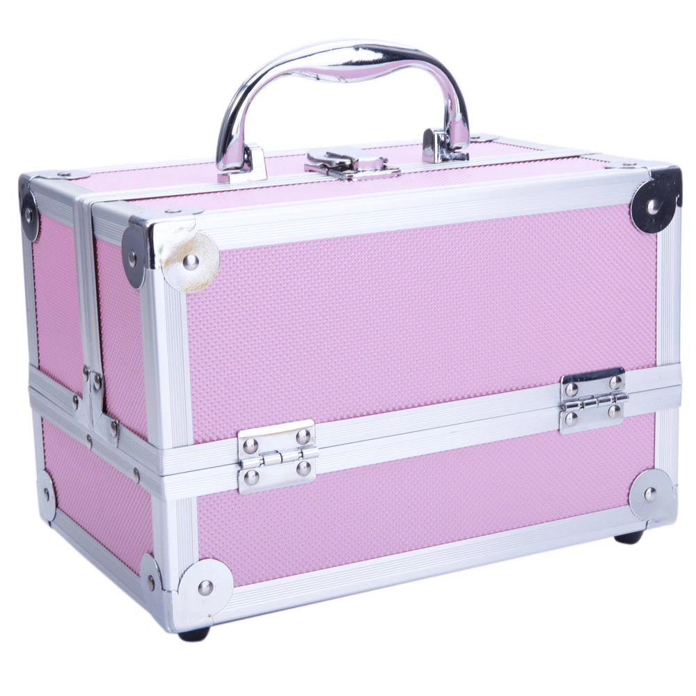 SM-2176 Aluminum Makeup Train Case Jewelry Box Cosmetic Organizer with Mirror 9"x6"x6" Pink view 7