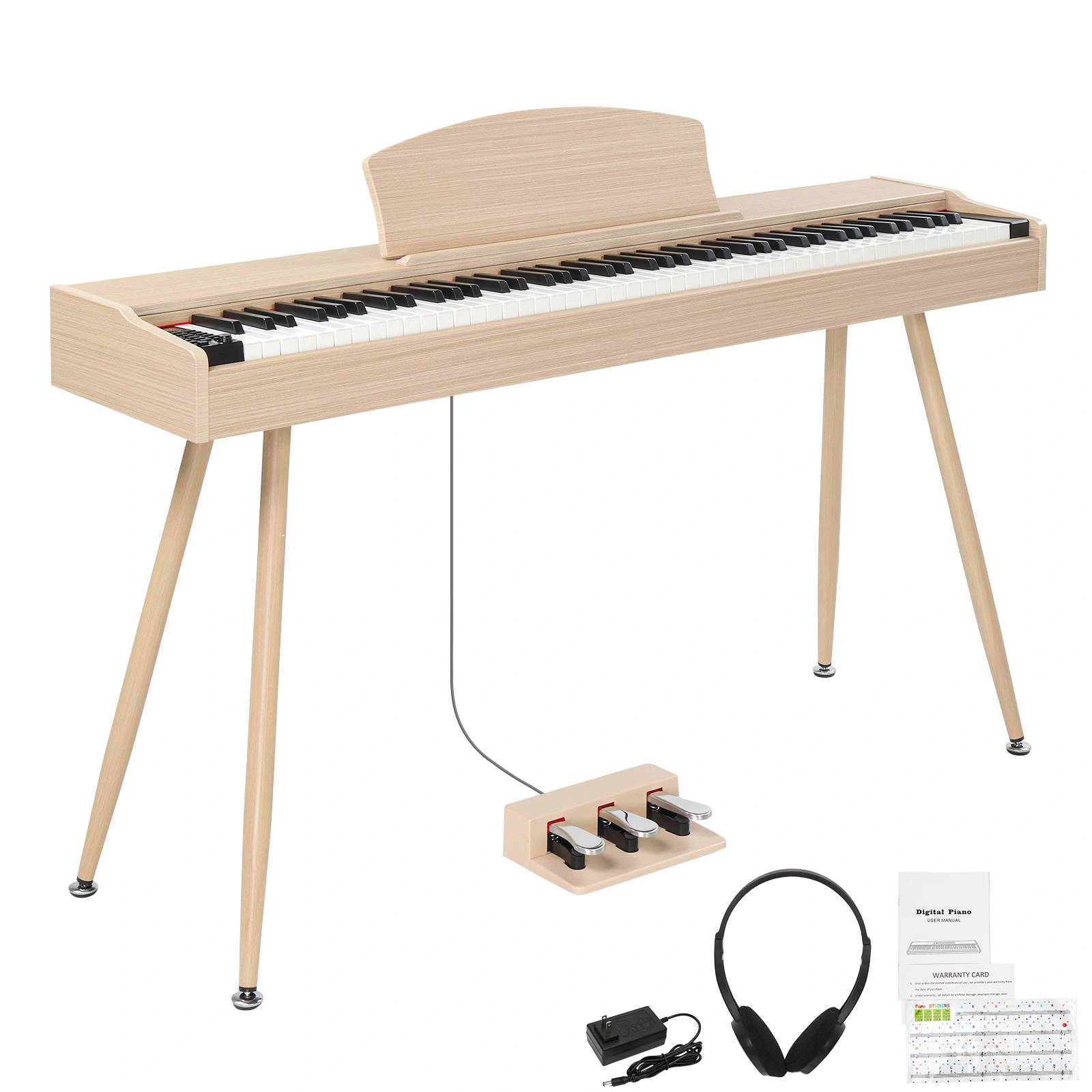 Glarry GDP-203 88-Key Full Weighted Digital Piano with Stand Power Adapter Triple Pedals Headphones Natural Wood