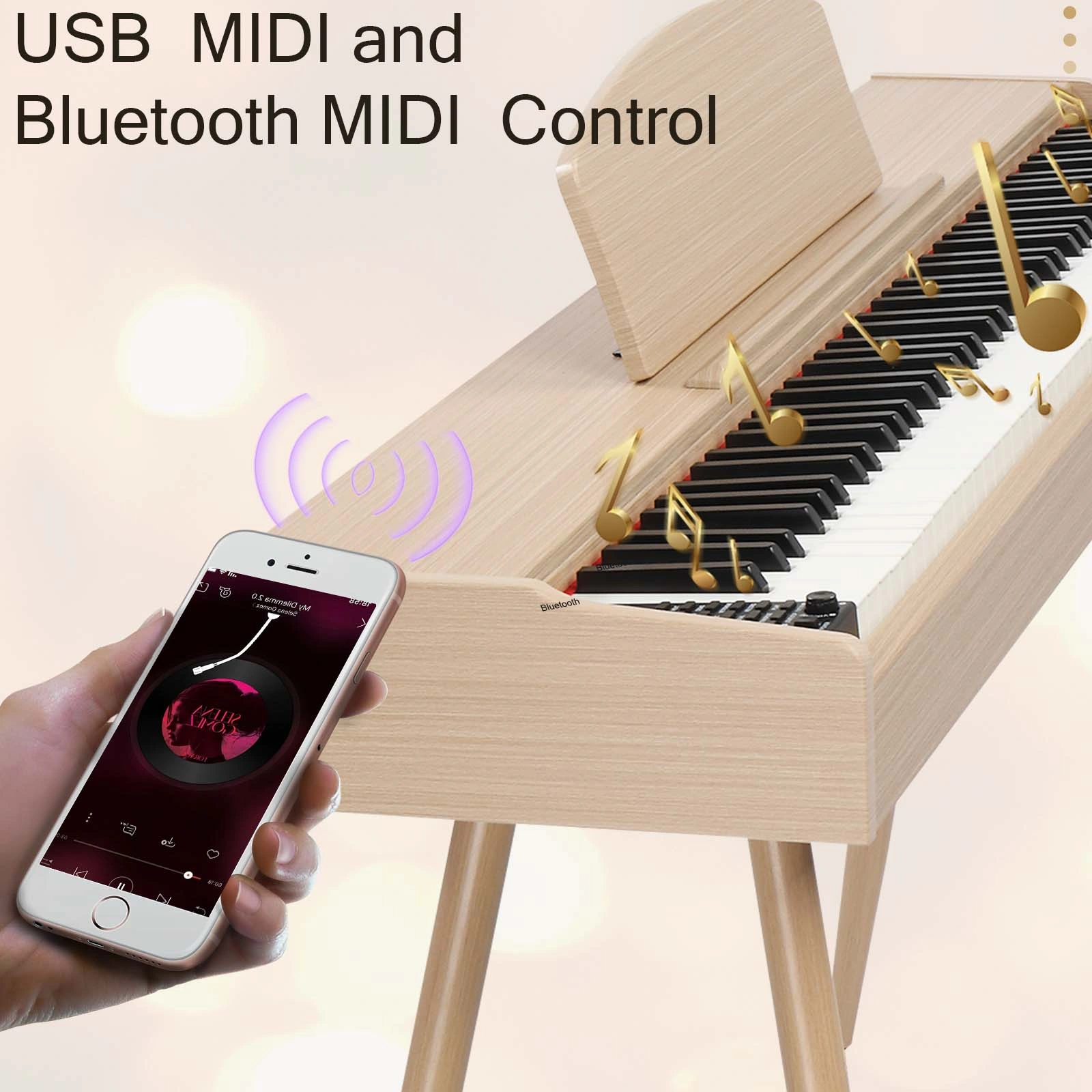 Glarry GDP-203 88-Key Full Weighted Digital Piano with Stand Power Adapter Triple Pedals Headphones Natural Wood view 2