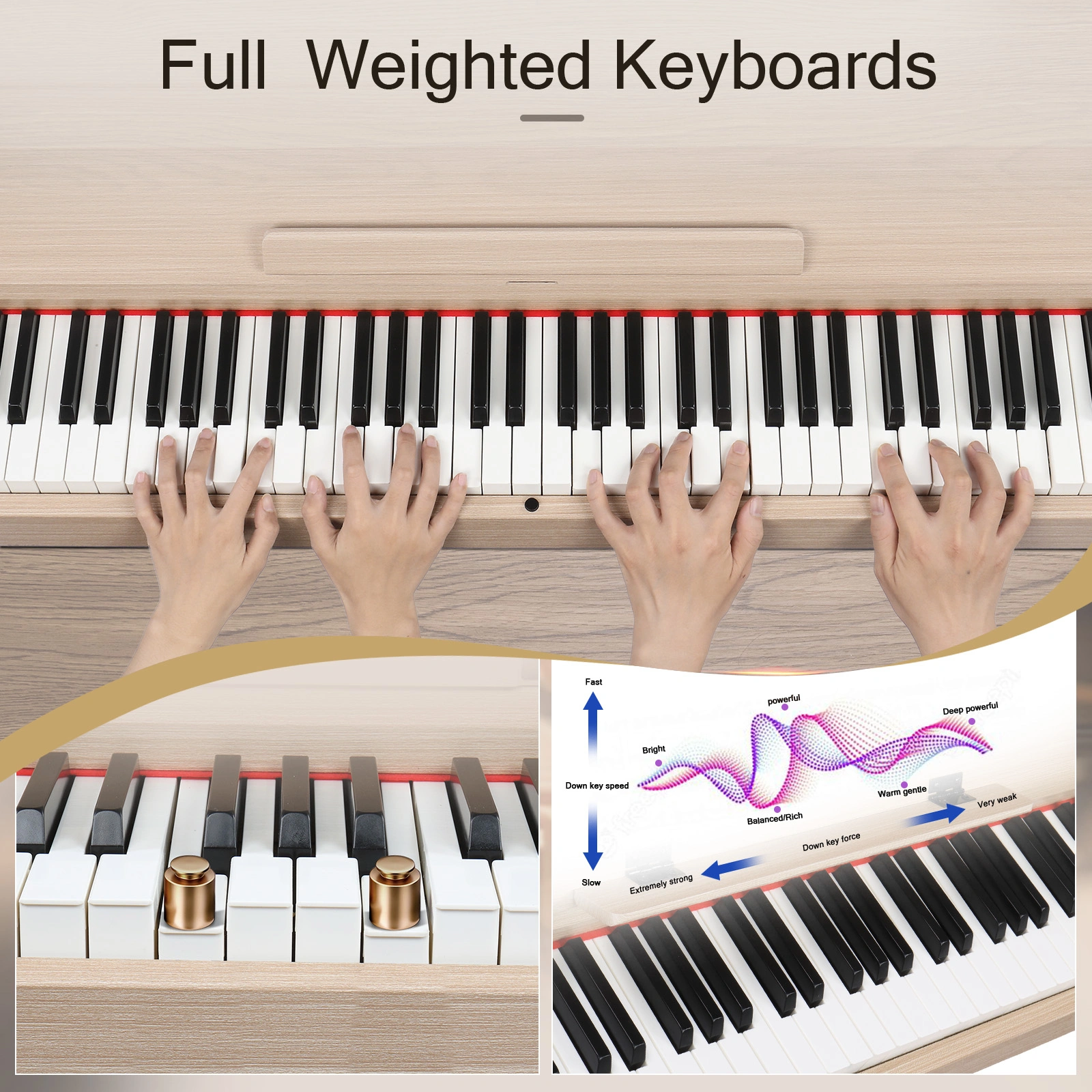 Glarry GDP-203 88-Key Full Weighted Digital Piano with Stand Power Adapter Triple Pedals Headphones Natural Wood view 6