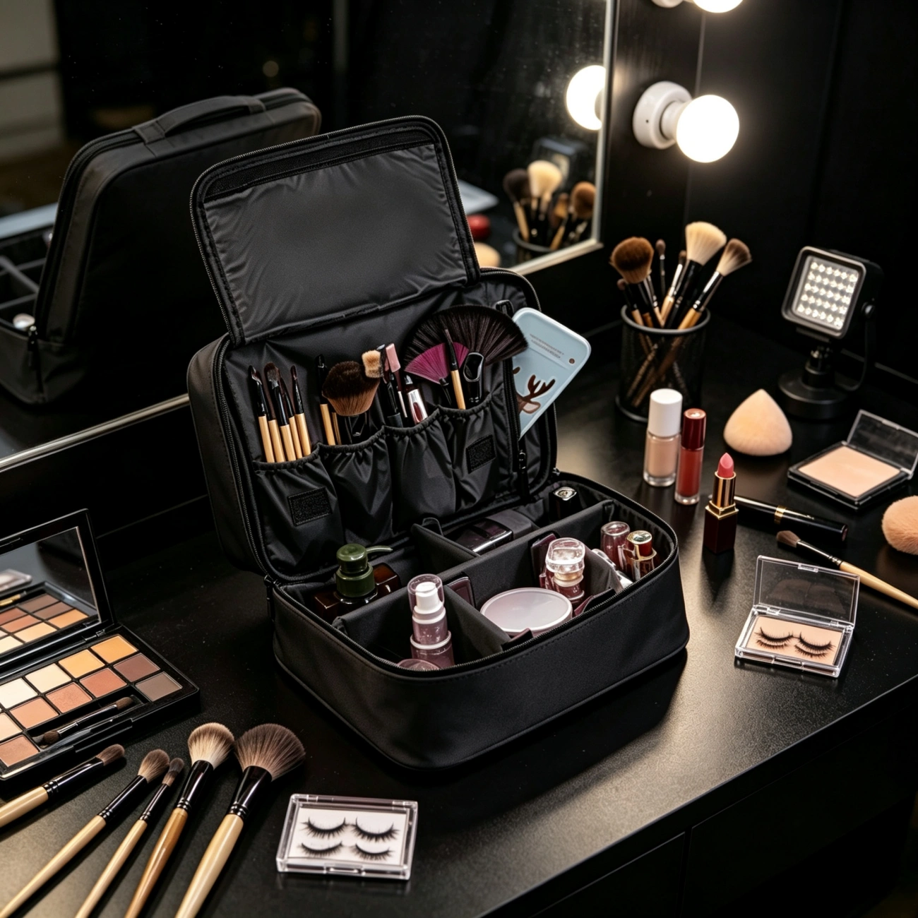 Portable Makeup Bag with Handle, Black Travel Toiletry Wash Organizer Case, Cosmetic Pouch view 4