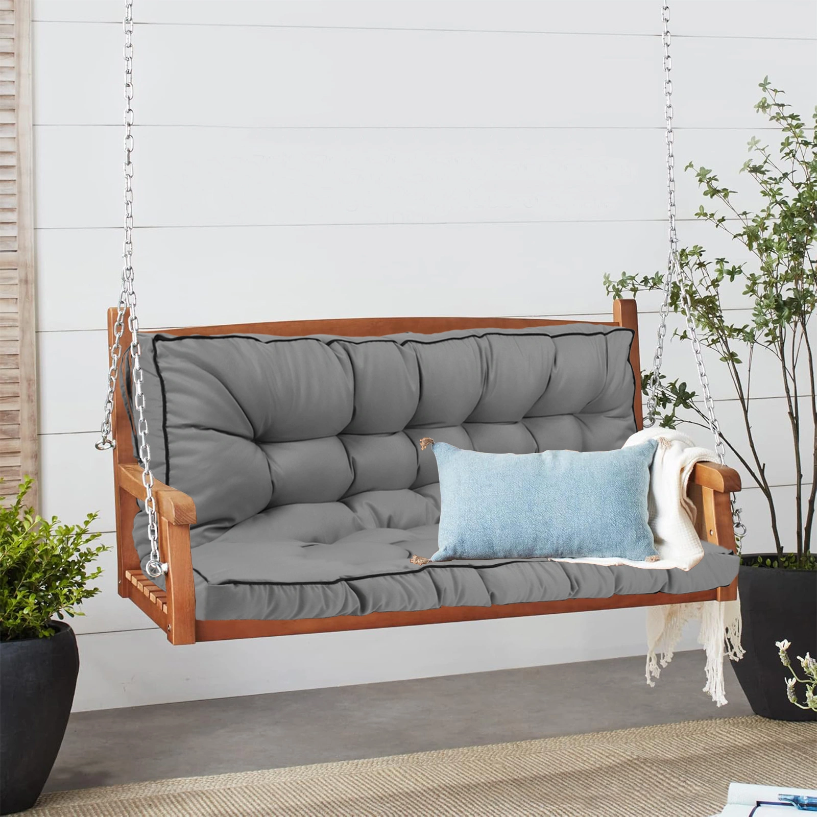 Outdoor Swing Cushions 55 Inch, Waterproof 4" Thick Porch Swing Cushion Replacement with Backrest and Ties, Comfortable 2-3 Seat Pation Swing Pad for Backyard, Garden, Lawn, Outdoor Furniture(Light grey)
