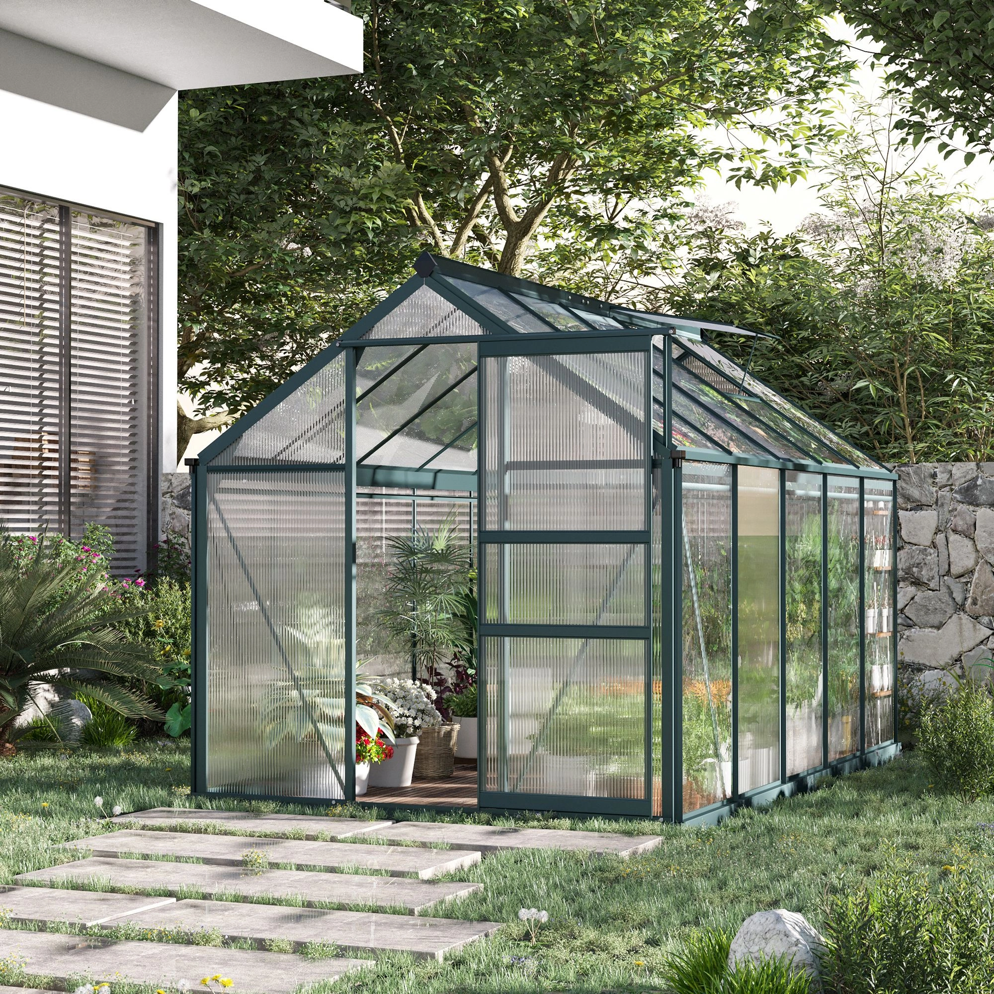 Walk-in Tunnel Greenhouse, Heavy Duty Polycarbonate Walk Behind Garden Hoop House with Side Zipper Doors, Portable Plant Propagation Cold Frame