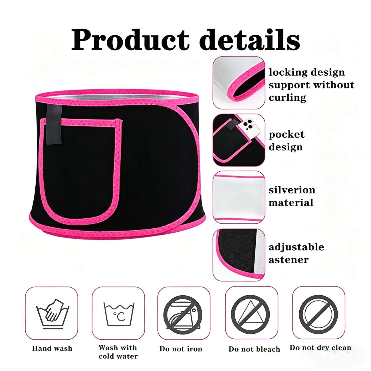 Waist Trimmer Belt Body Shaper Weight Loss Girdle Waist Trainer with Phone Pocket, Pink Black Silver, Adjustable Fitness Corset for Women view 2
