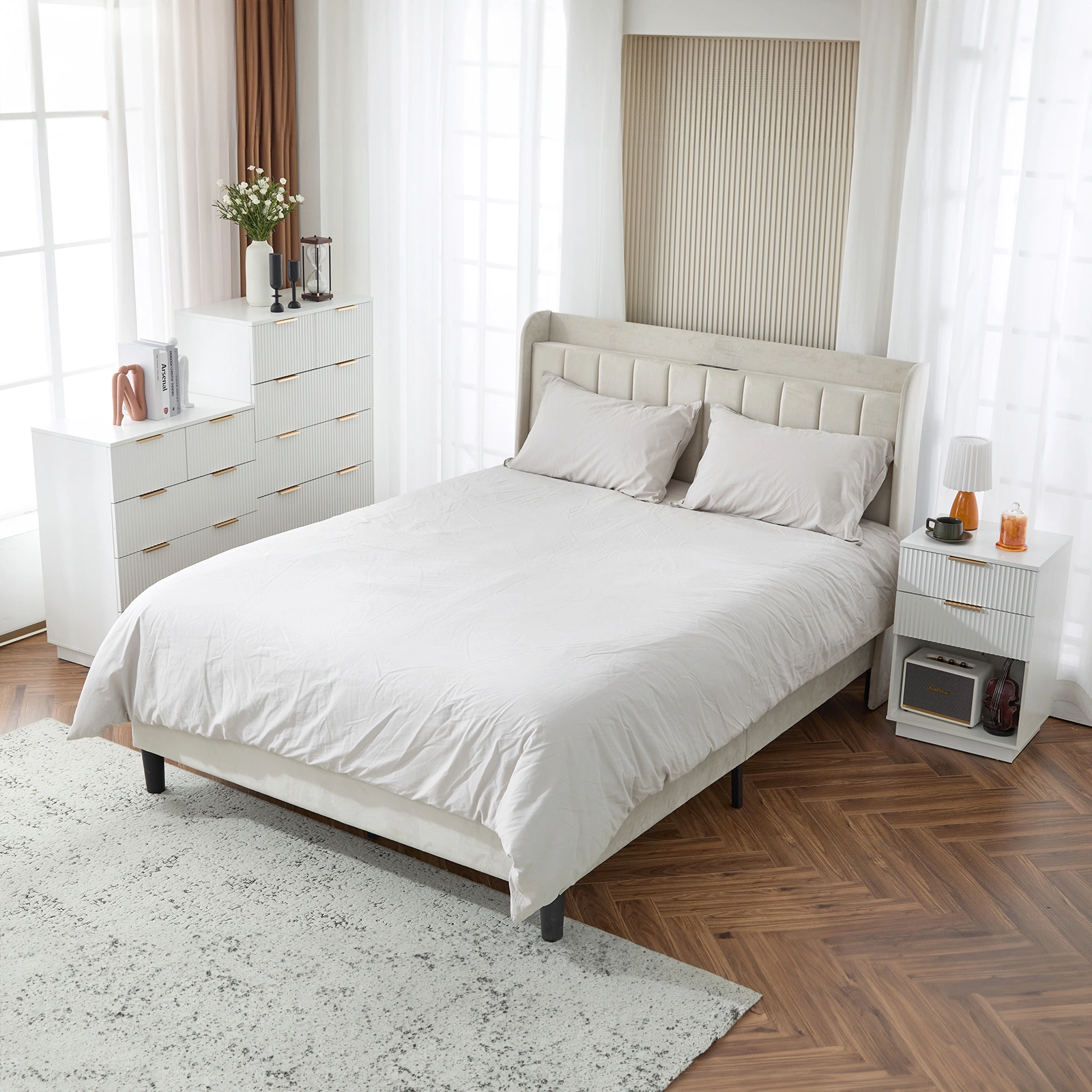 White P2 Density Board Wavy Pattern Drawer Front Two-Drawer Bedside Cabinet view 6