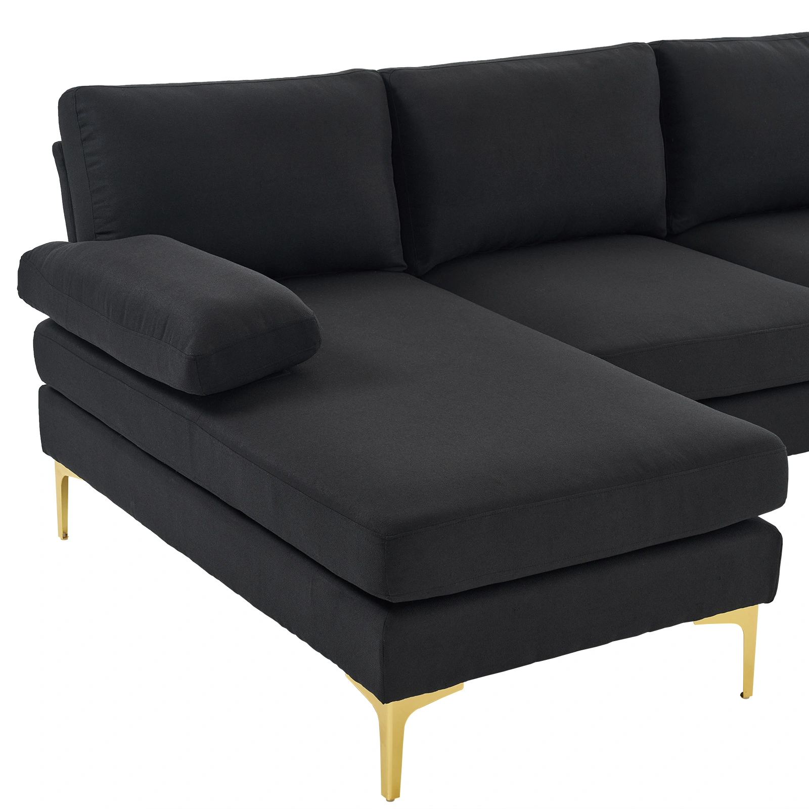 280*130*85 U-Shaped 4-Seat Linen Seat Frame Wooden Frame Back Iron Frame Golden Feet Indoor Modular Sofa Black view 11