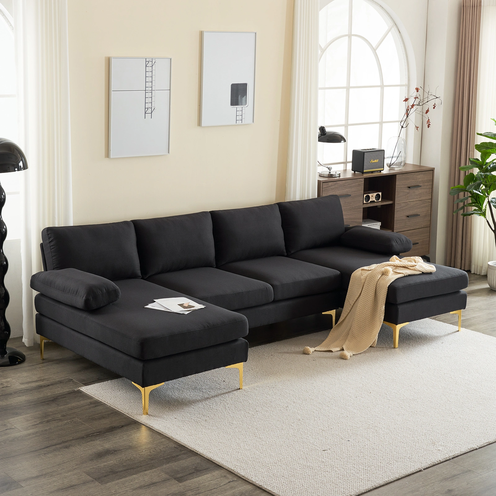 280*130*85 U-Shaped 4-Seat Linen Seat Frame Wooden Frame Back Iron Frame Golden Feet Indoor Modular Sofa Black view 14