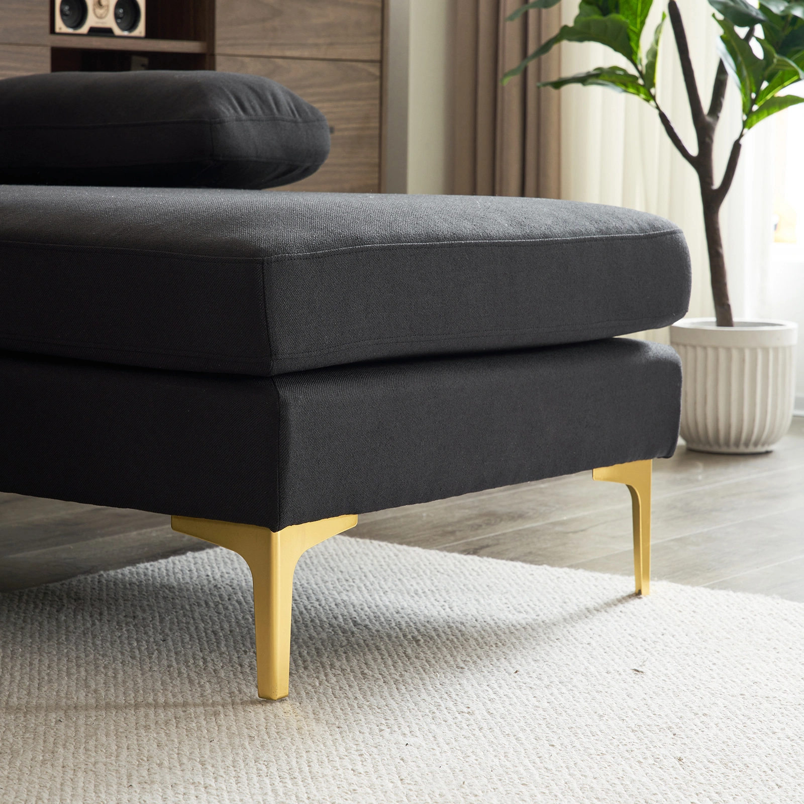 280*130*85 U-Shaped 4-Seat Linen Seat Frame Wooden Frame Back Iron Frame Golden Feet Indoor Modular Sofa Black view 16