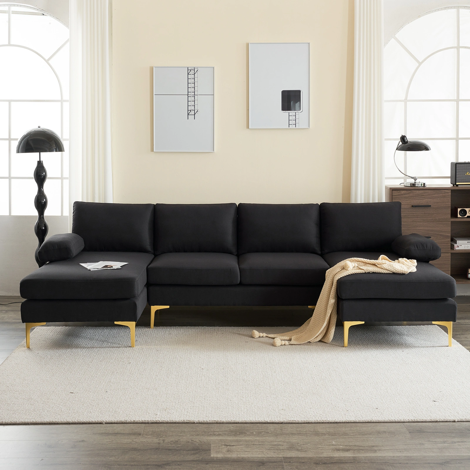 280*130*85 U-Shaped 4-Seat Linen Seat Frame Wooden Frame Back Iron Frame Golden Feet Indoor Modular Sofa Black view 19