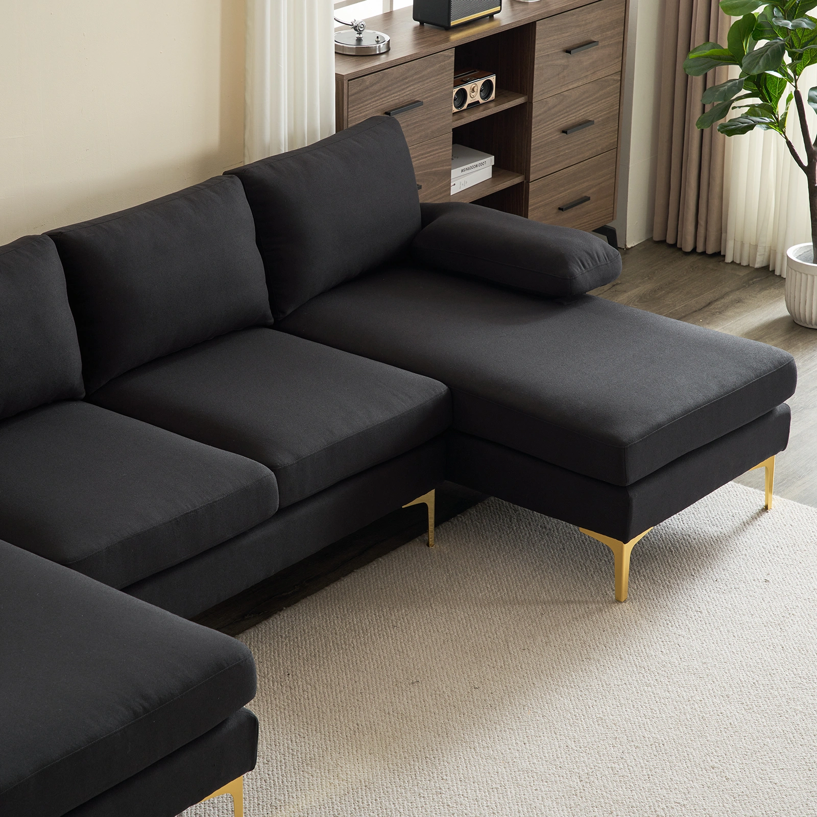 280*130*85 U-Shaped 4-Seat Linen Seat Frame Wooden Frame Back Iron Frame Golden Feet Indoor Modular Sofa Black view 21