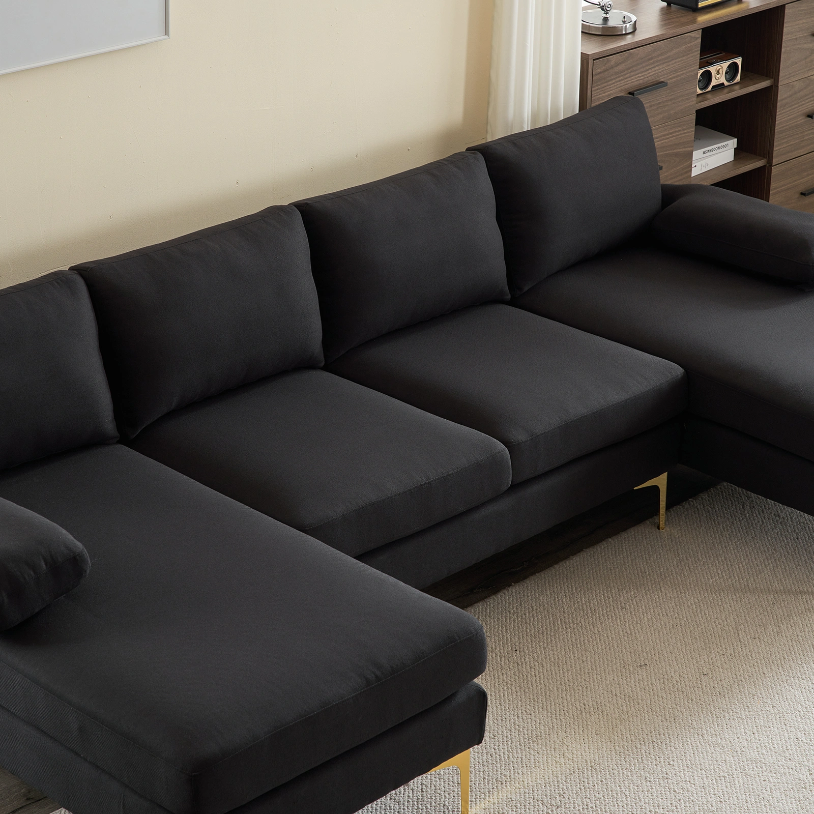 280*130*85 U-Shaped 4-Seat Linen Seat Frame Wooden Frame Back Iron Frame Golden Feet Indoor Modular Sofa Black view 22