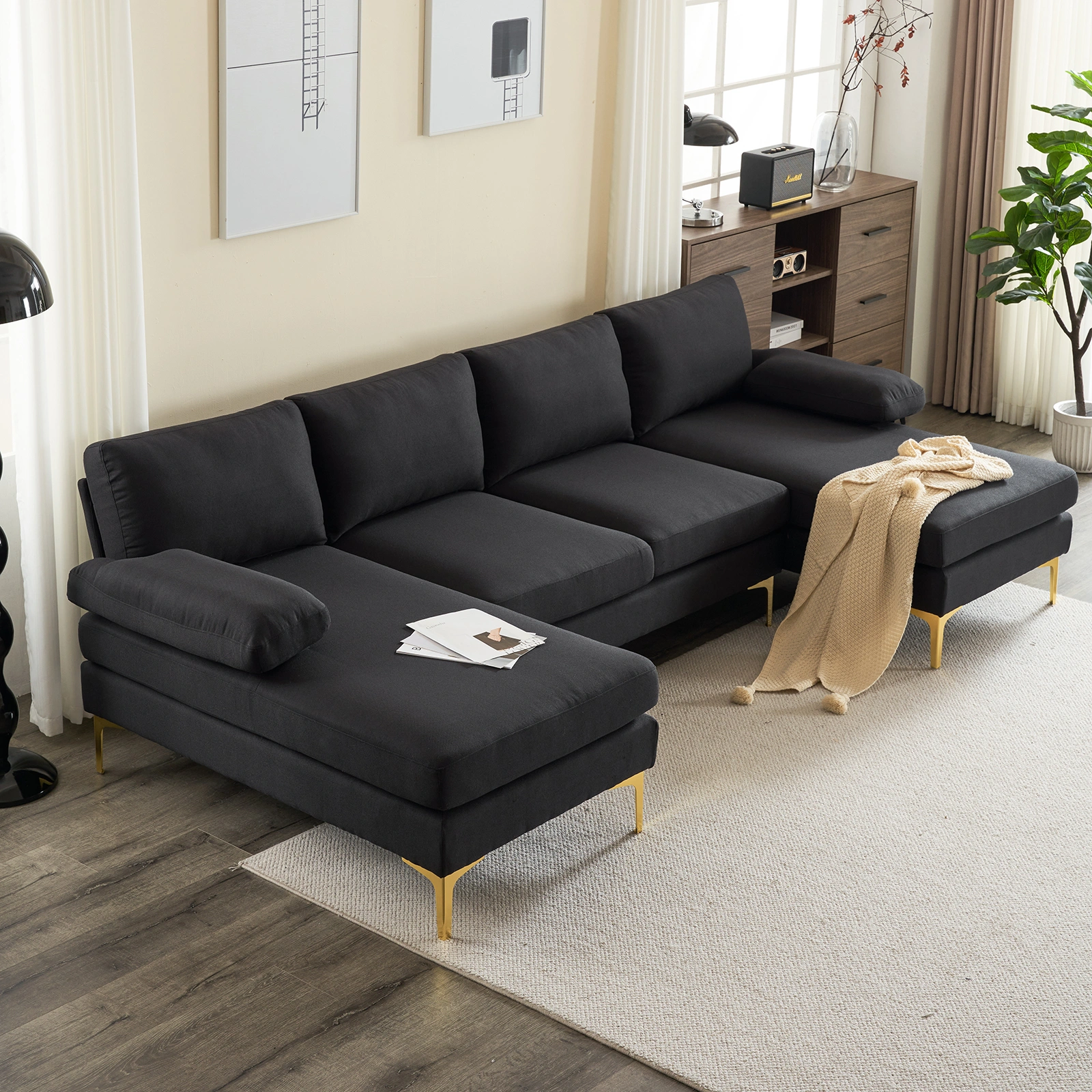 280*130*85 U-Shaped 4-Seat Linen Seat Frame Wooden Frame Back Iron Frame Golden Feet Indoor Modular Sofa Black view 24