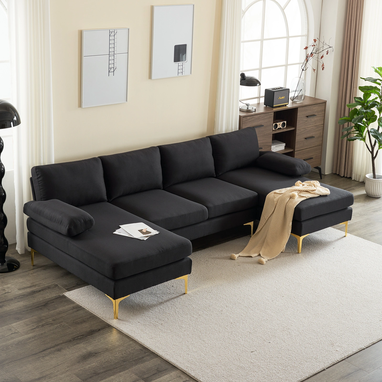 280*130*85 U-Shaped 4-Seat Linen Seat Frame Wooden Frame Back Iron Frame Golden Feet Indoor Modular Sofa Black view 26
