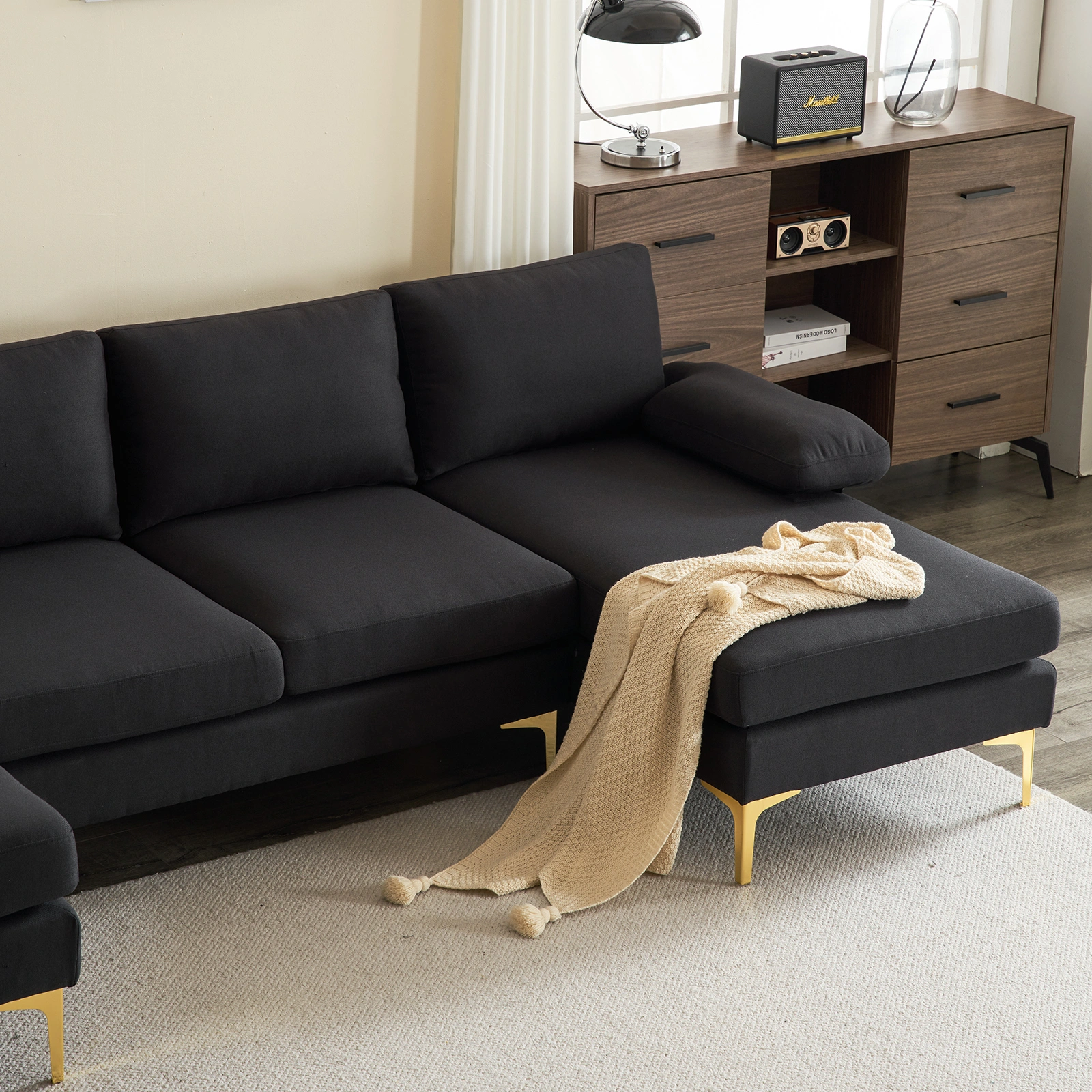 280*130*85 U-Shaped 4-Seat Linen Seat Frame Wooden Frame Back Iron Frame Golden Feet Indoor Modular Sofa Black view 27