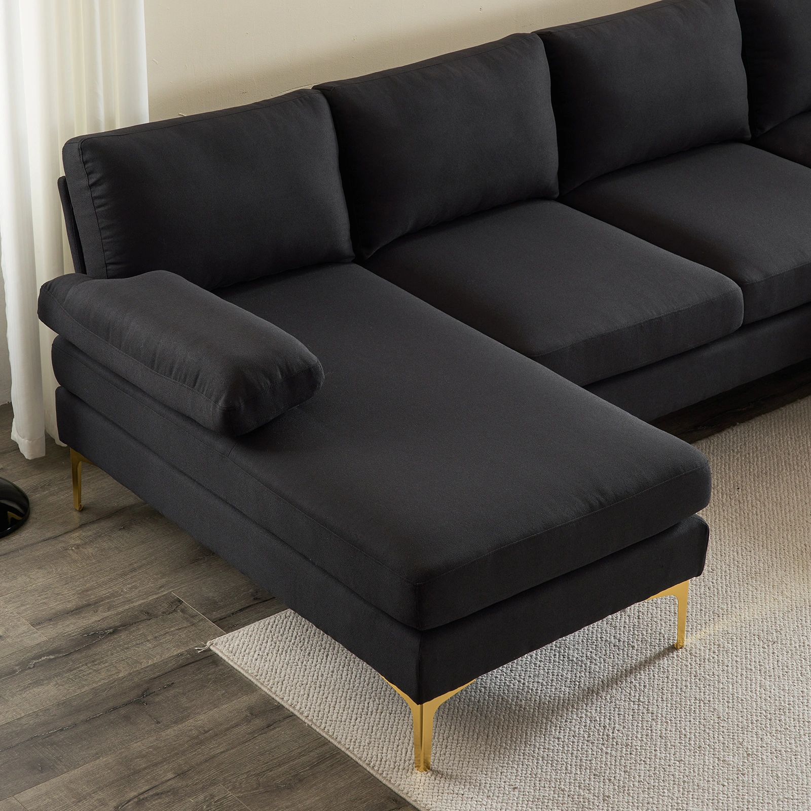 280*130*85 U-Shaped 4-Seat Linen Seat Frame Wooden Frame Back Iron Frame Golden Feet Indoor Modular Sofa Black view 28
