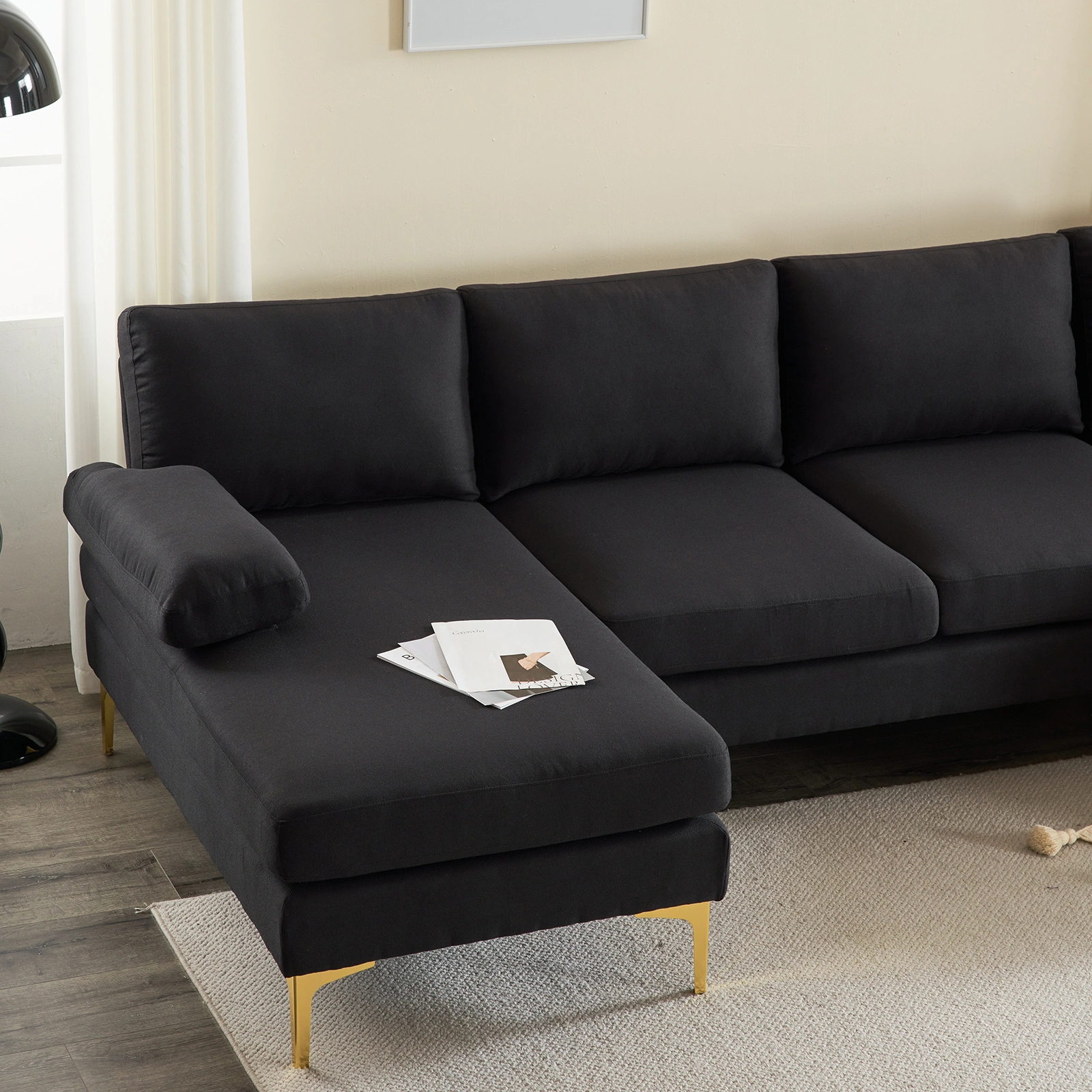 280*130*85 U-Shaped 4-Seat Linen Seat Frame Wooden Frame Back Iron Frame Golden Feet Indoor Modular Sofa Black view 8