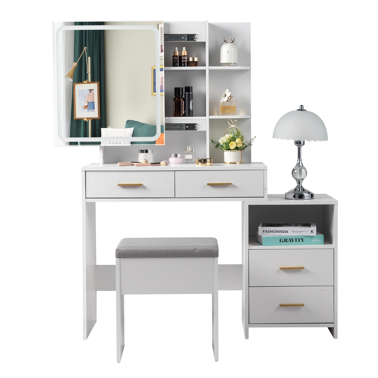 White Dressing Table Set with Mirror Cabinet, Particleboard Triamine Veneer, 4 Drawers, 2 Shelves, LED 3-Tone Light