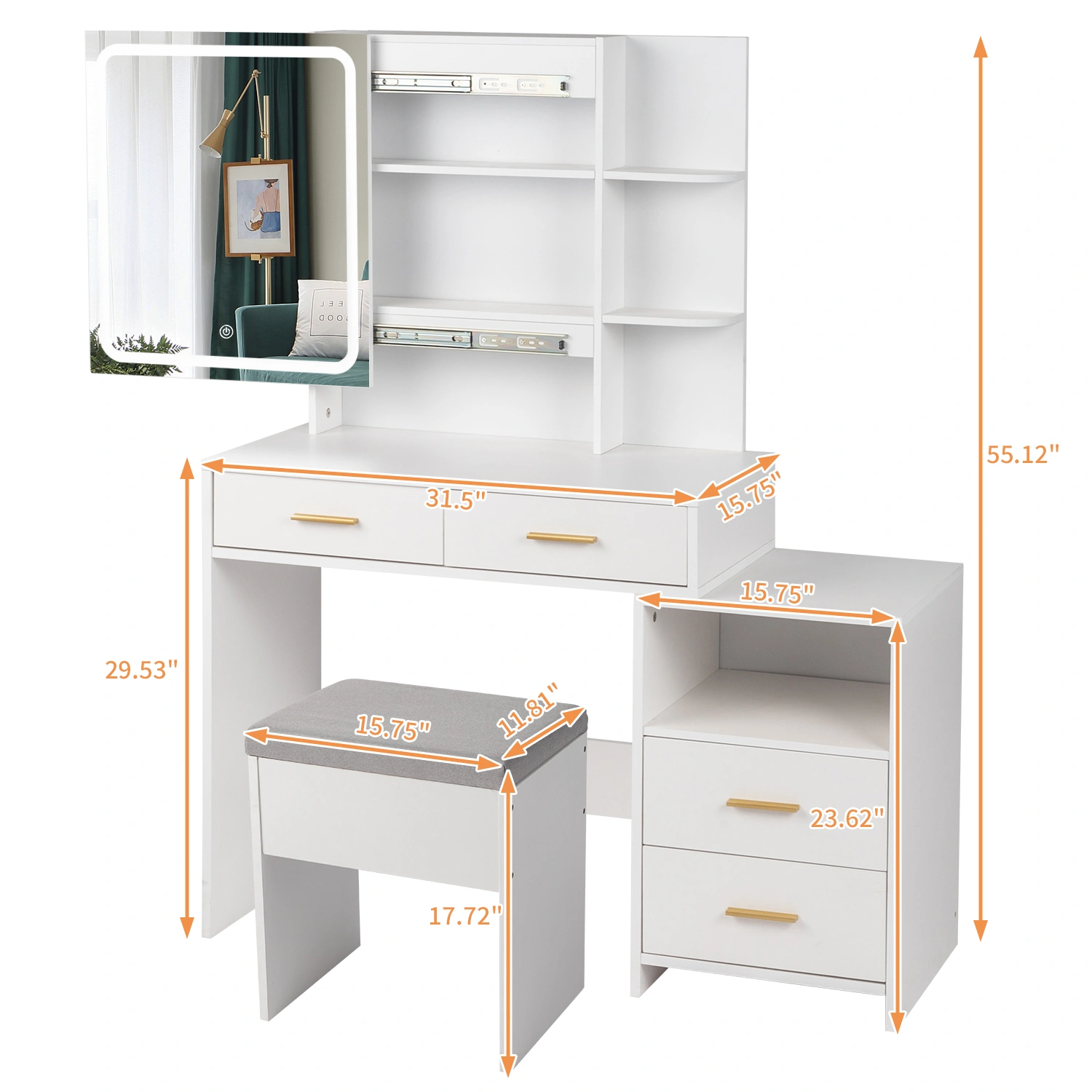White Dressing Table Set with Mirror Cabinet, Particleboard Triamine Veneer, 4 Drawers, 2 Shelves, LED 3-Tone Light view 3