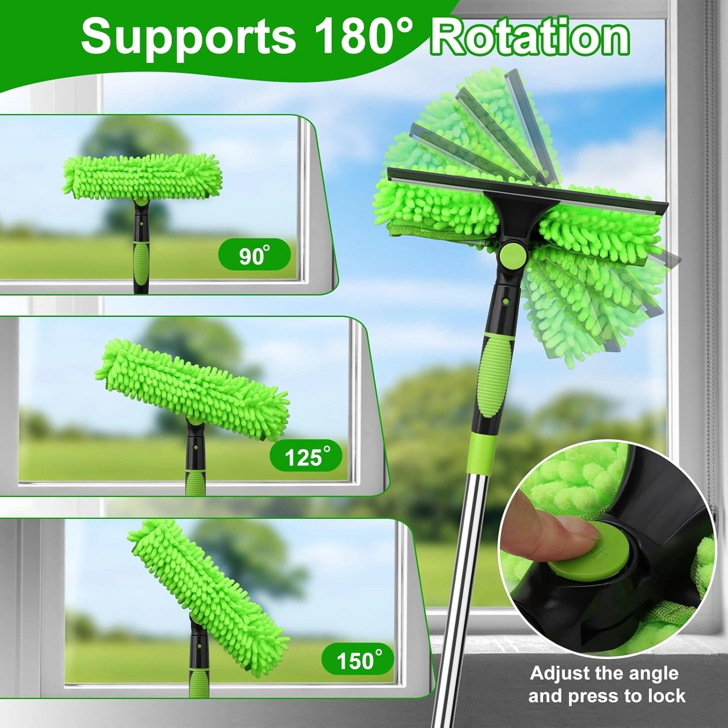 5M Telescopic Window Cleaner Squeegee Pole, Extendable Glass Cleaning Tool with Green Handle view 3