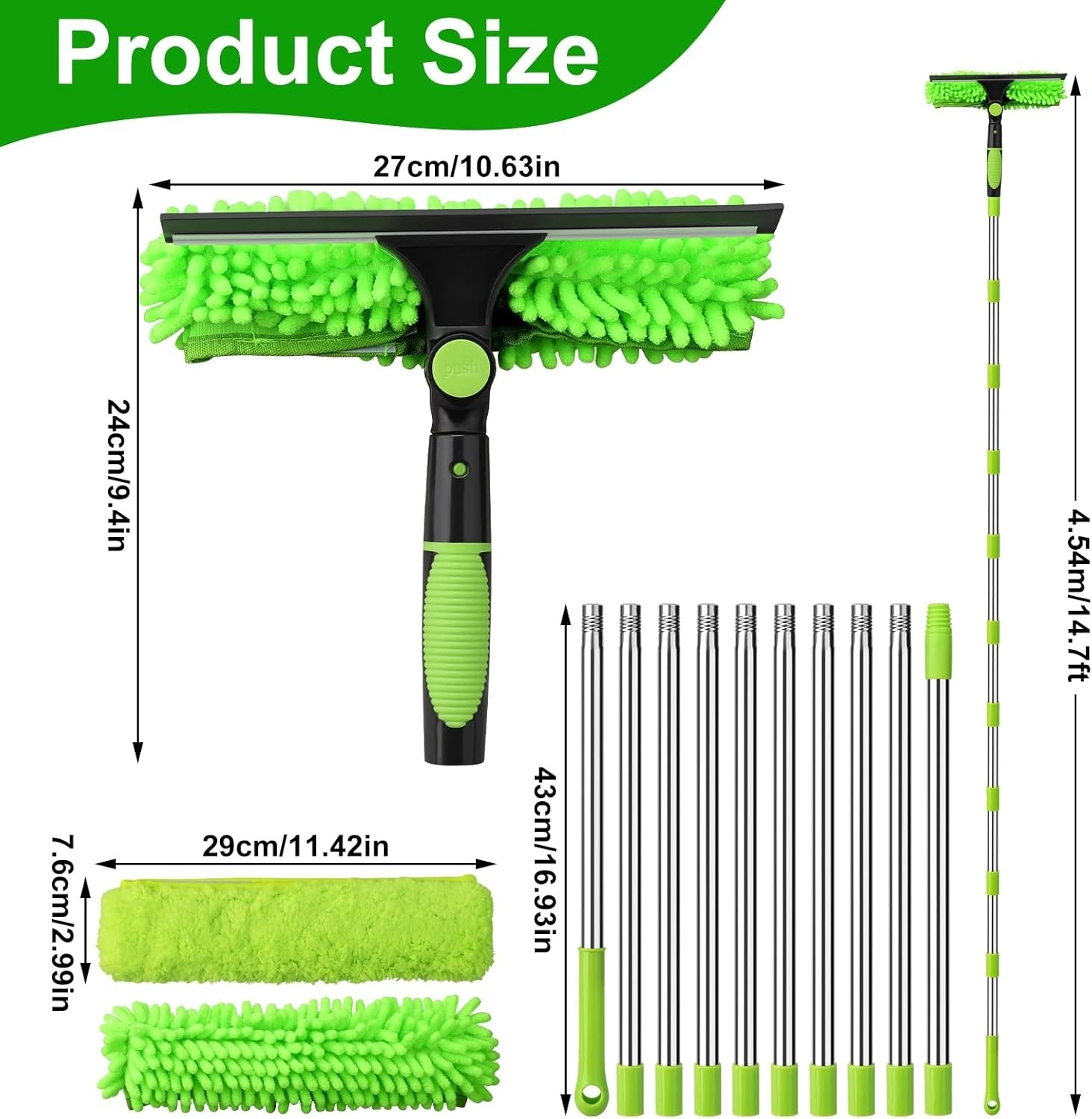 5M Telescopic Window Cleaner Squeegee Pole, Extendable Glass Cleaning Tool with Green Handle view 5