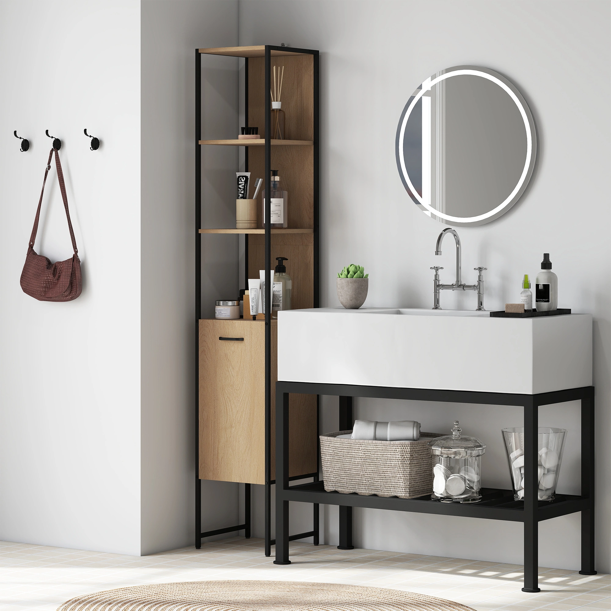 Bathroom Storage Cabinet White, Tall Floor Storage Organizer with Doors, Modern White Bath Storage Cupboard view 2