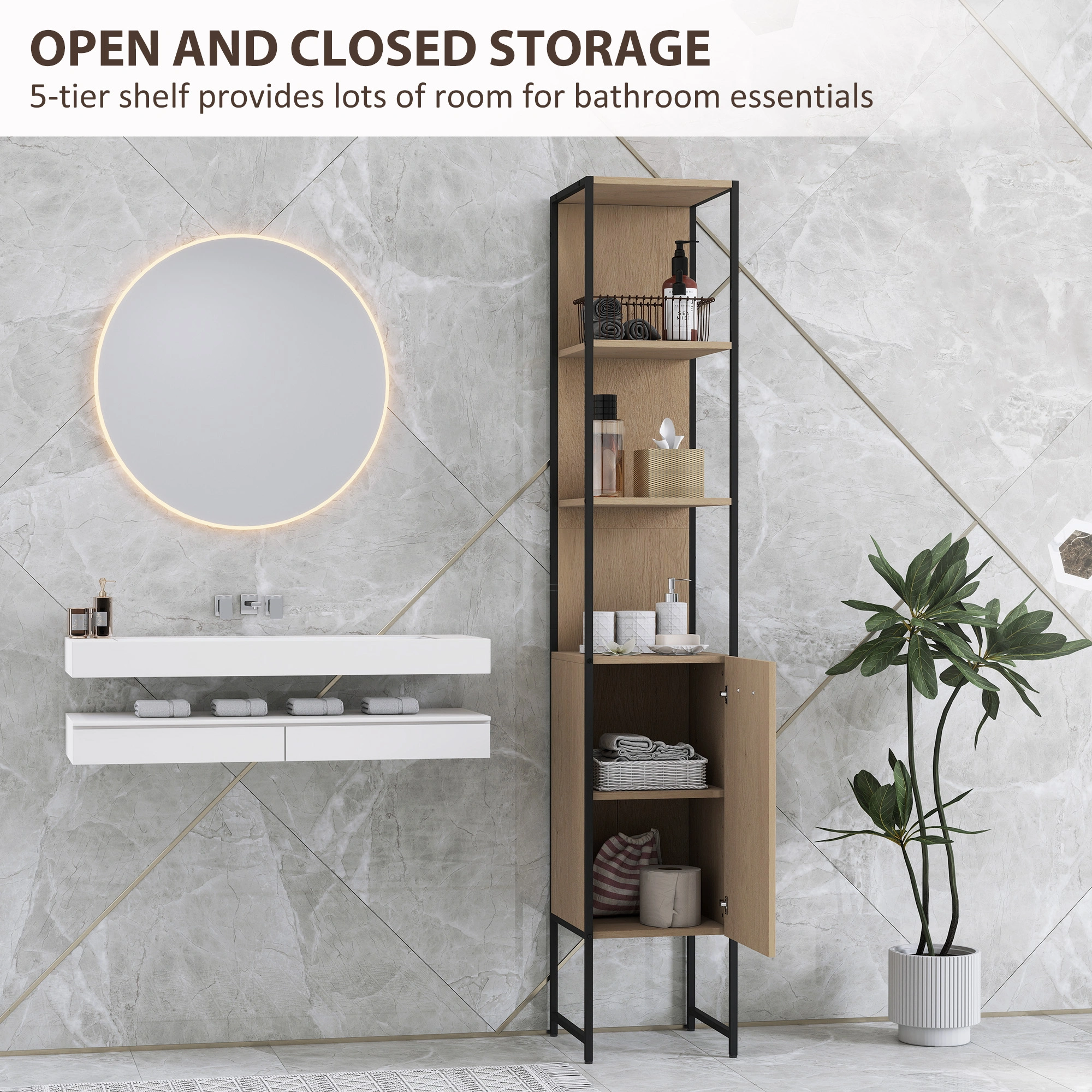 Bathroom Storage Cabinet White, Tall Floor Storage Organizer with Doors, Modern White Bath Storage Cupboard view 3