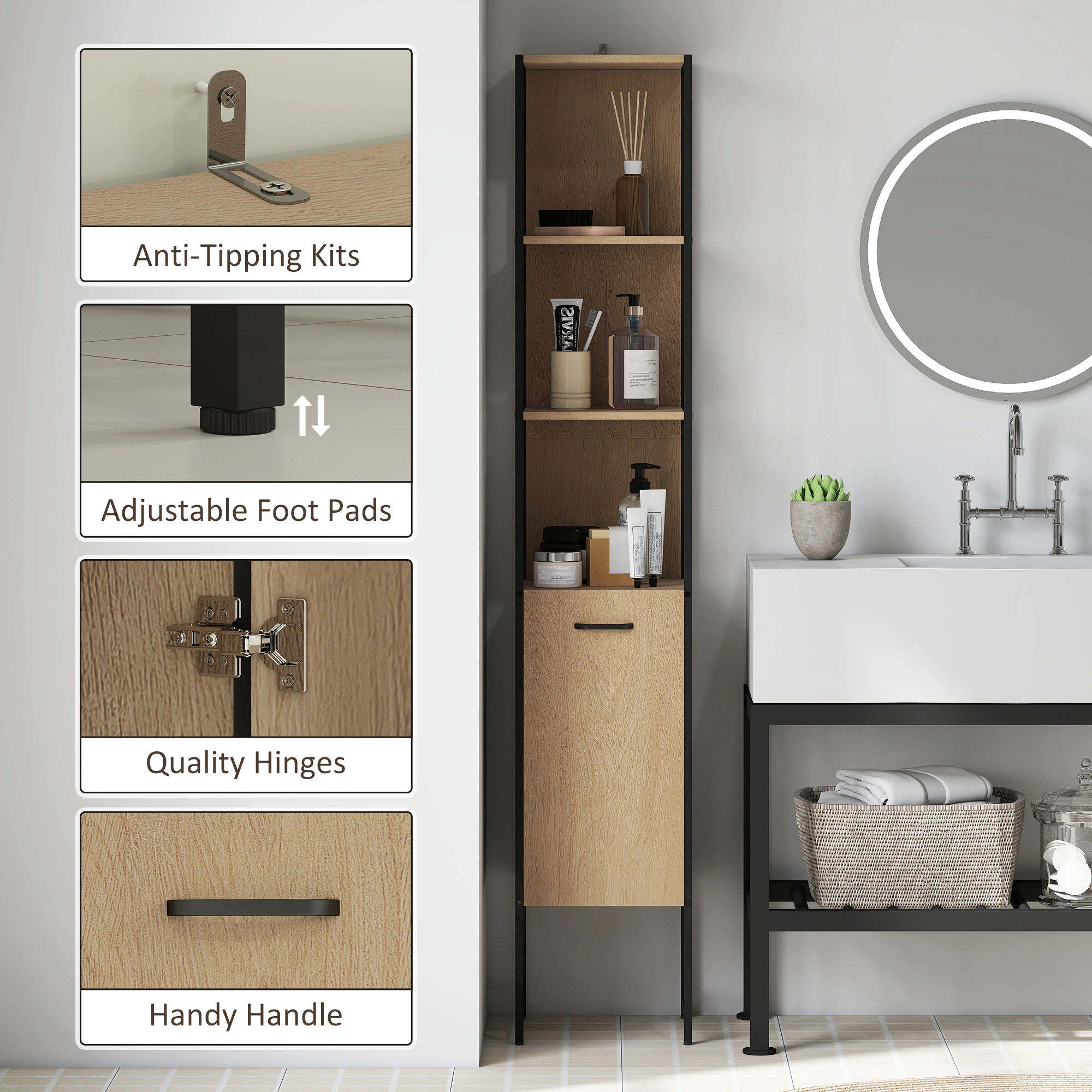 Bathroom Storage Cabinet White, Tall Floor Storage Organizer with Doors, Modern White Bath Storage Cupboard view 4