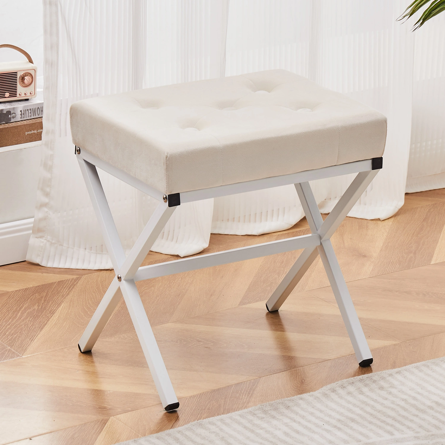 White Velvet Tufted Ottoman Foot Stool - Thick Cushion Vanity Stool with Metal X Leg, Multifunctional Shoe Changing Seat for Living Room Bedroom