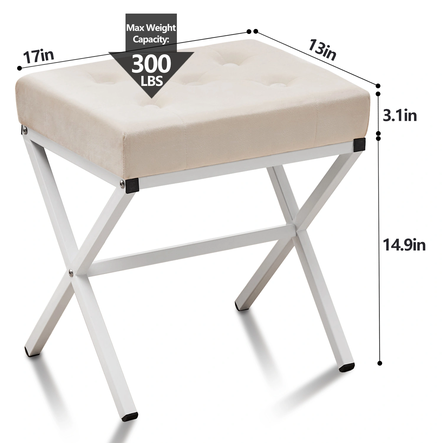 White Velvet Tufted Ottoman Foot Stool - Thick Cushion Vanity Stool with Metal X Leg, Multifunctional Shoe Changing Seat for Living Room Bedroom view 3