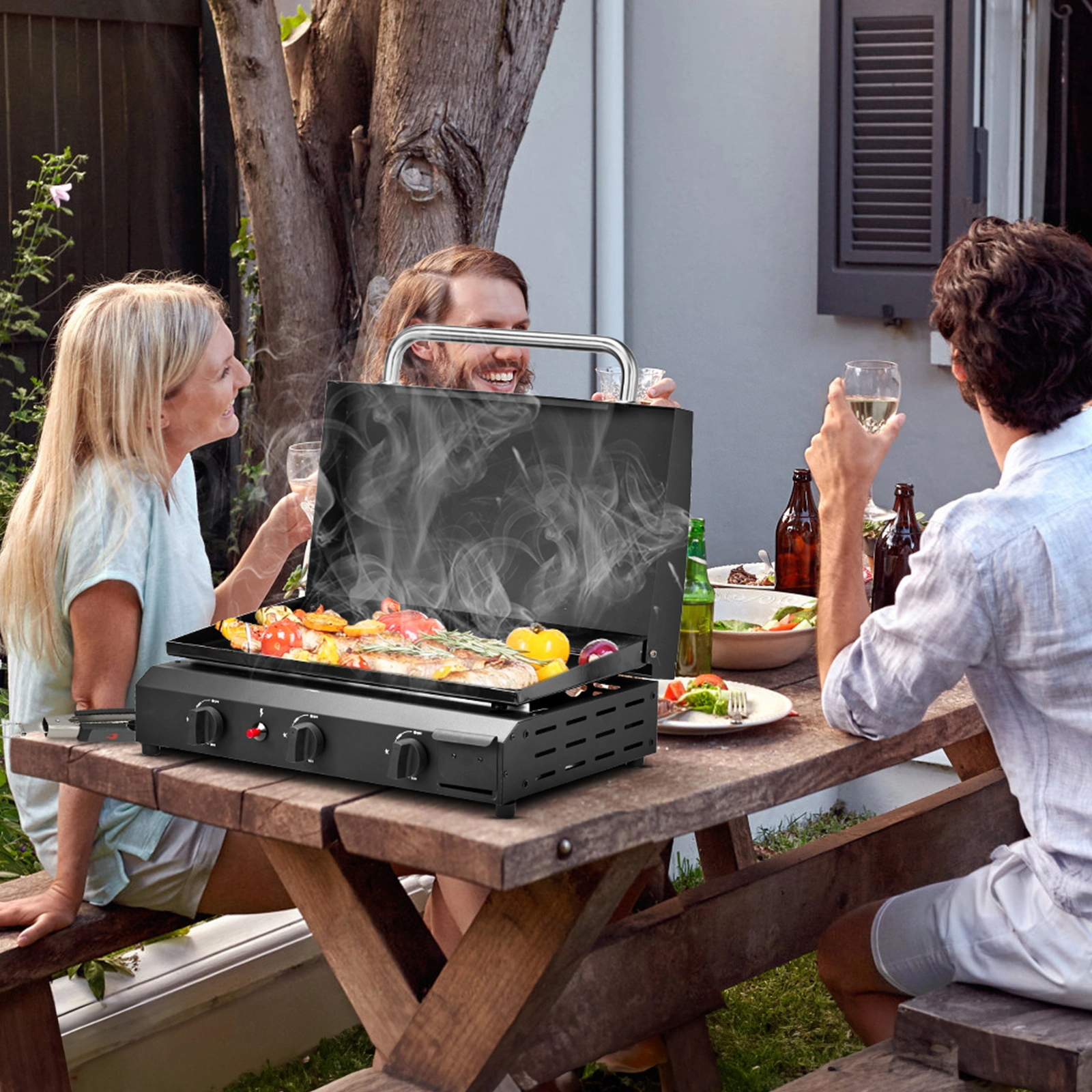 3-Burner Flat Top Gas Griddle Cooking Station with Ceramic Coated Cast Iron Pan, 30,000 BTU Propane Fuelled Griddle Station for Outdoor Barbecue Backyard Cookout view 10