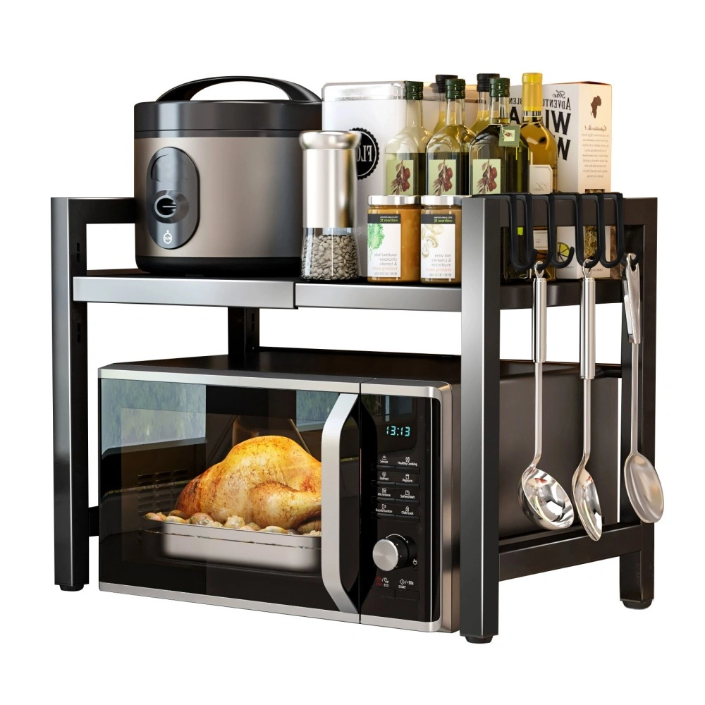 Black Extendable Kitchen Storage Rack, Single Layer Double Rod with 6 Hooks, Space Saving Pantry Organiser