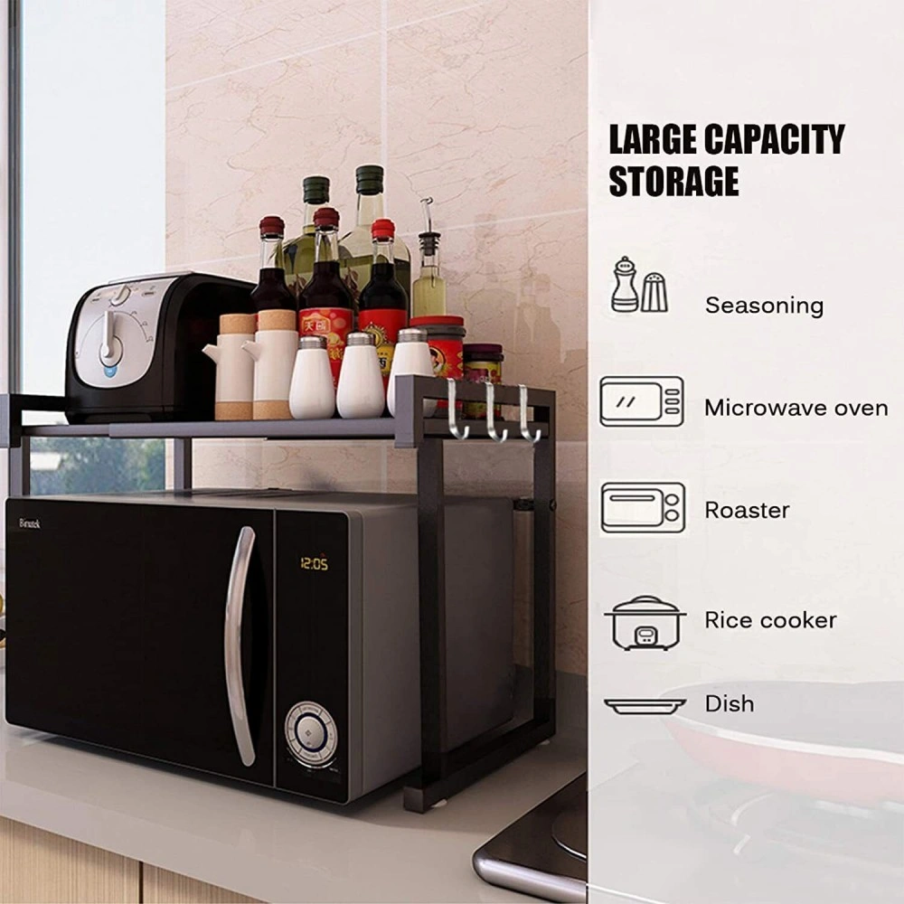 Black Extendable Kitchen Storage Rack, Single Layer Double Rod with 6 Hooks, Space Saving Pantry Organiser view 2