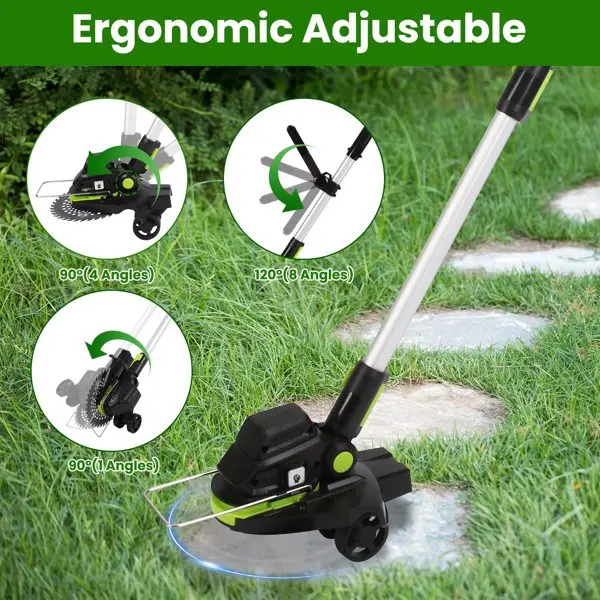 21V Electric Weed Edger Cordless String Trimmer Grass Mower Eater Bush Cutter with 16800RPM 2x 3000mAh Batteries 3.6-4.6FT Length 90° Rotatable Angle Saw Blade Steel Blade String Blade view 2
