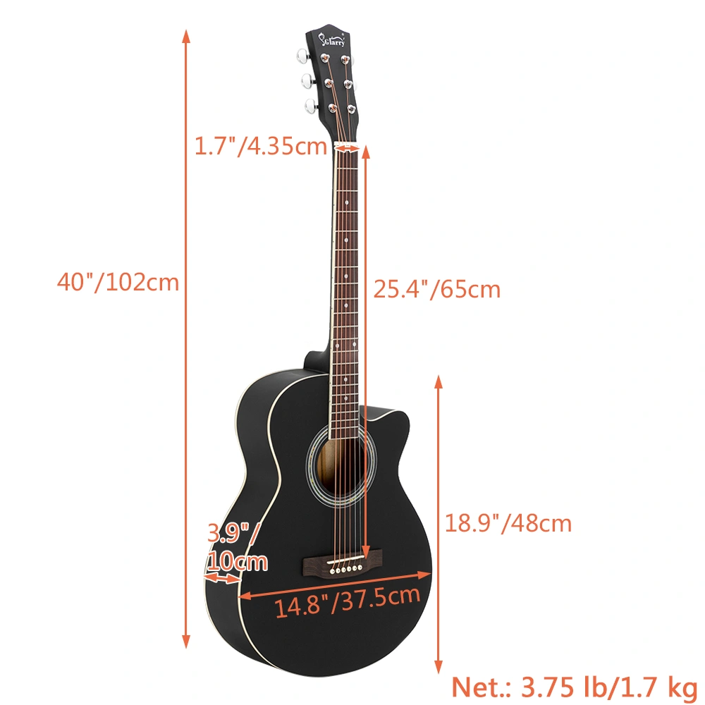 GT501 40 inch Spruce Front Cutaway Folk Guitar with Bag & Board & Wrench Tool Black view 14