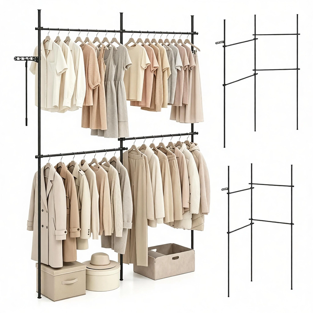 Floor to Ceiling Tension Clothes Rack No Drill Heavy Duty Carbon Steel Garment Organizer, I/L/45° Angle Adjustable Closet System with 3 Vertical Rods 4 Hanging Bars Drying Rack Reacher Pole for Rental Apartment